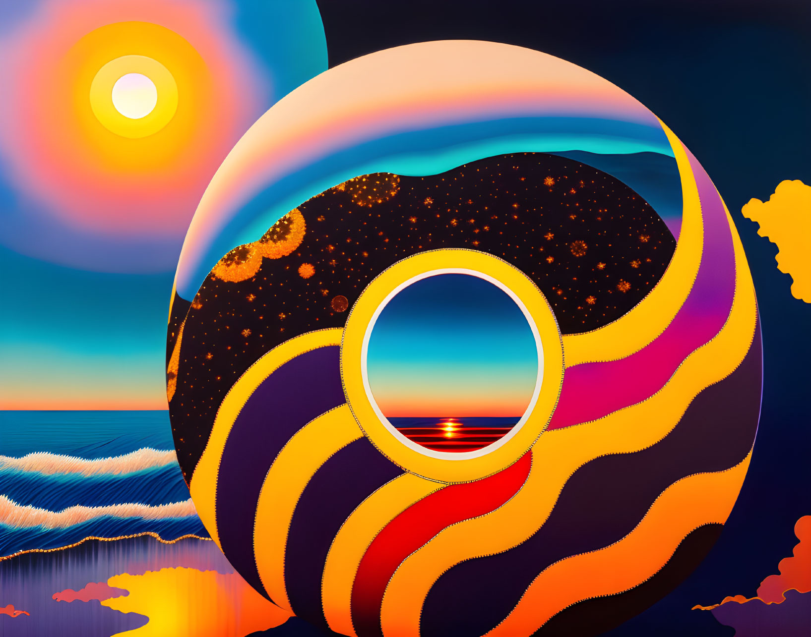 Colorful Surrealist Painting: Torus with Cosmic and Oceanic Design