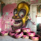 Angry animated character eyeing pink-frosted donuts on ornate table