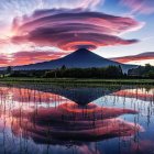 Tranquil mountain reflection in serene lake at sunrise