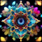 Colorful Fractal Artwork with Central Eye and Symmetrical Patterns