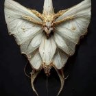 Menacing creature with iridescent wings and skeletal face on dark background