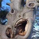 Surreal portrait of person with monstrous features against barren tree background