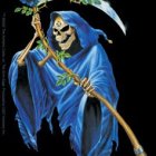 Skeletal figure in blue robe with golden scythe on dark starry backdrop