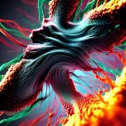 Colorful digital artwork: Two profiles with peacock feather designs in neon hues on dark backdrop