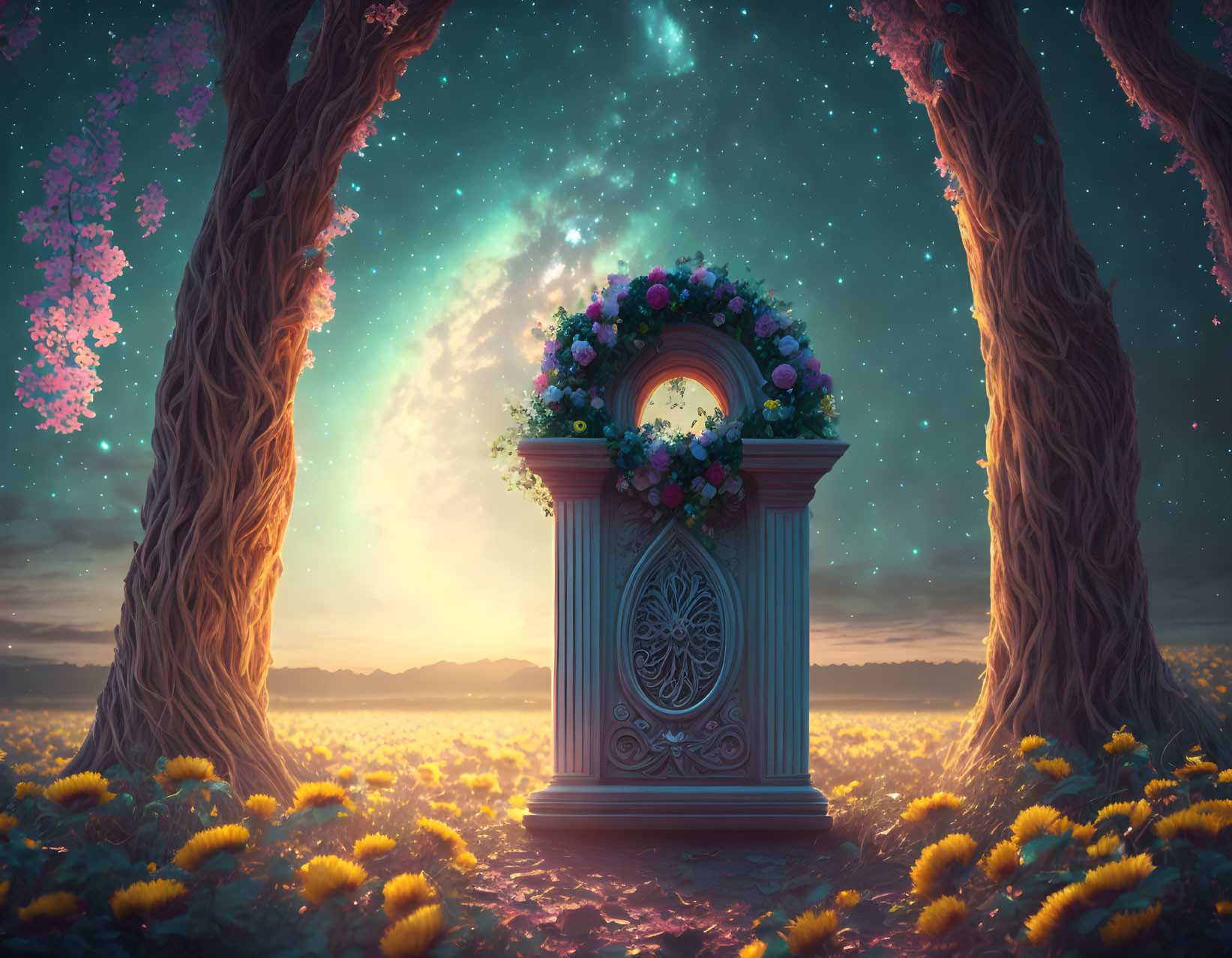 Ornate door framed by trees under starry sky amidst yellow flowers