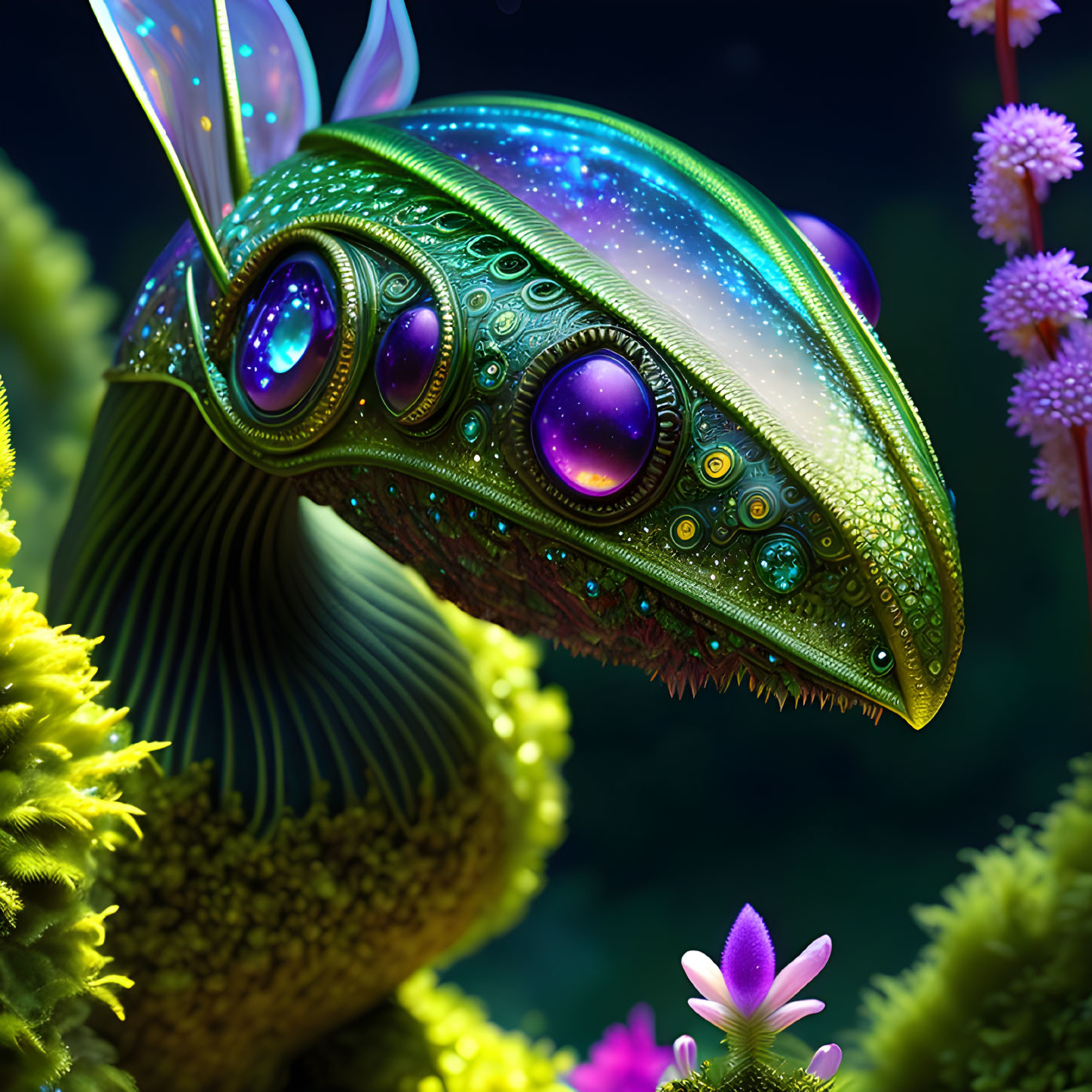 Colorful fantastical creature with luminescent eyes in neon-lit underwater scene