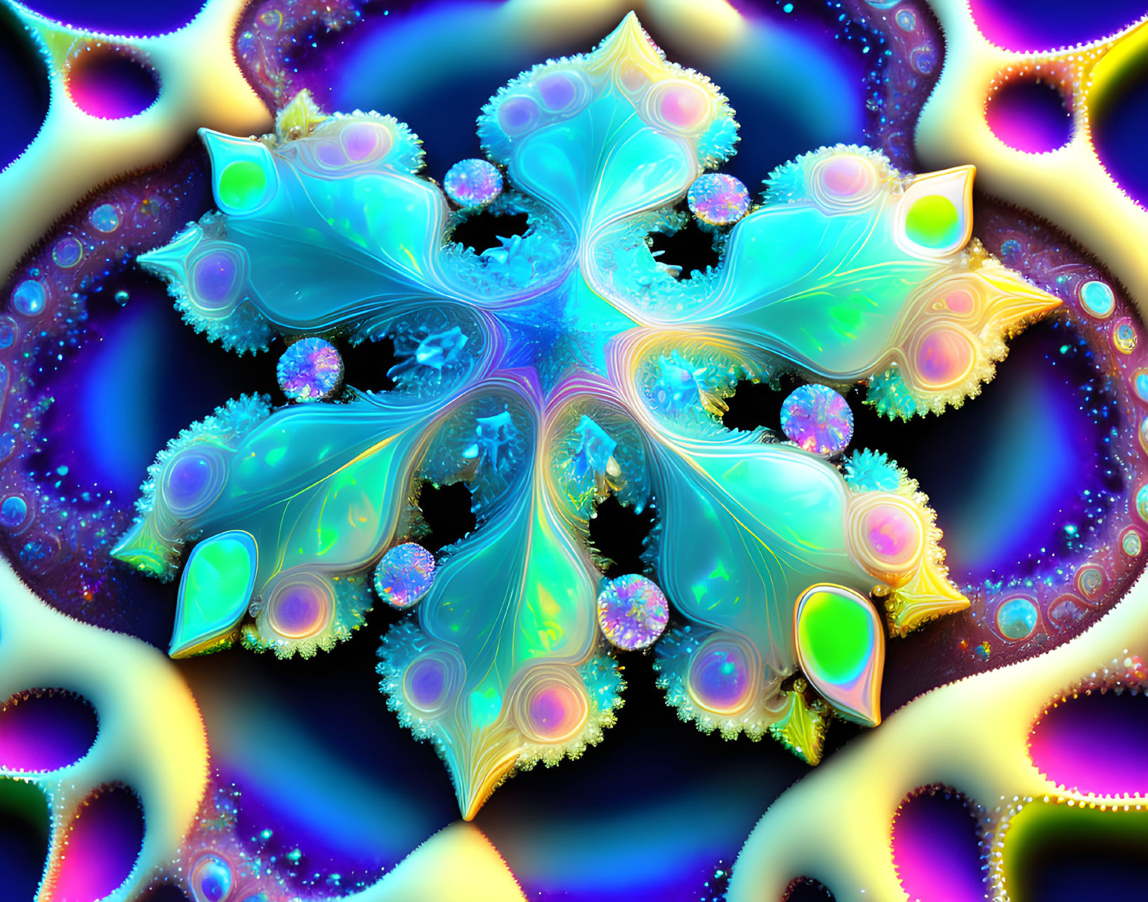 Colorful fractal image with intricate floral patterns in blues and purples