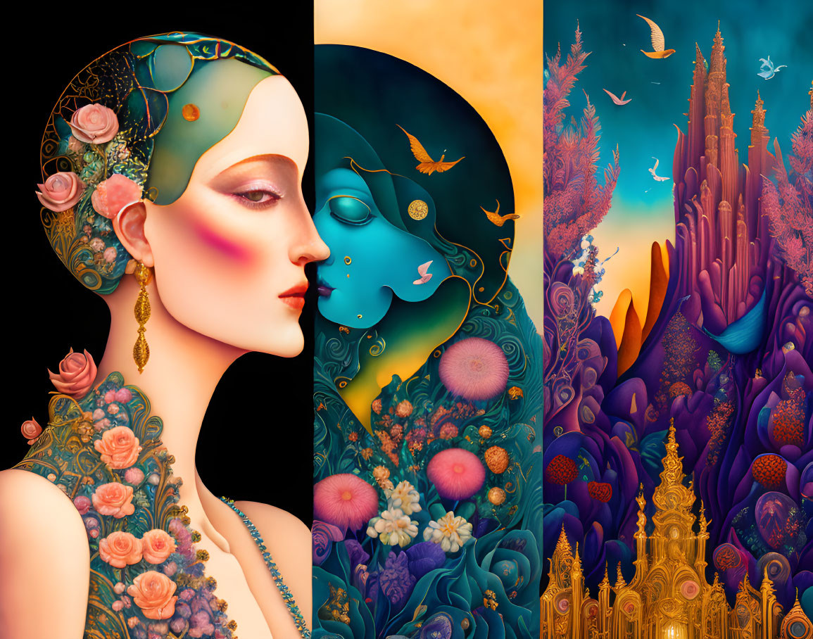 Colorful triptych illustration: stylized female profiles, floral tattoos, fantasy castle, flora,