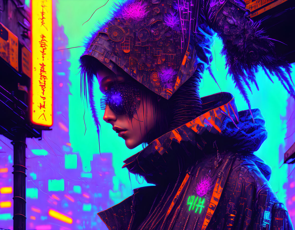 Colorful cyberpunk-themed artwork featuring a woman in futuristic attire with neon signs.