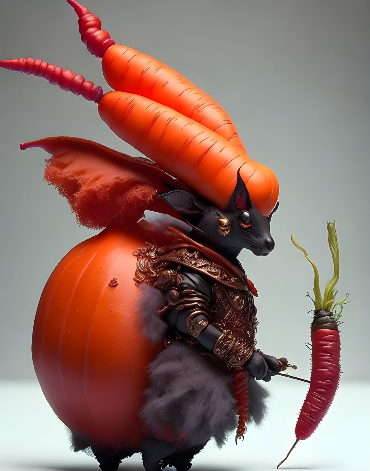 Illustration of a rabbit-like creature in carrot armor with carrot sword