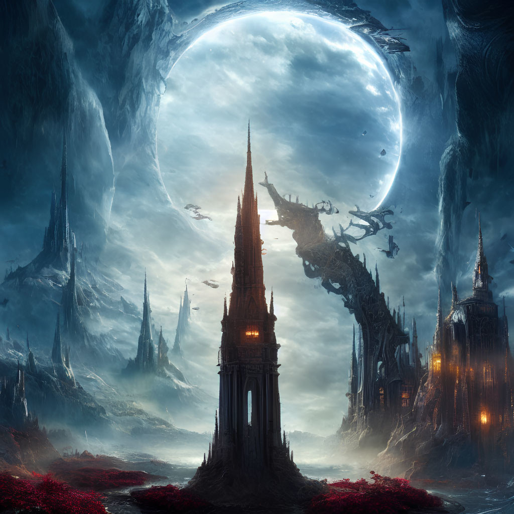 Fantastical landscape with towering spire, red flora, colossal moon, ice-like formations, twilight