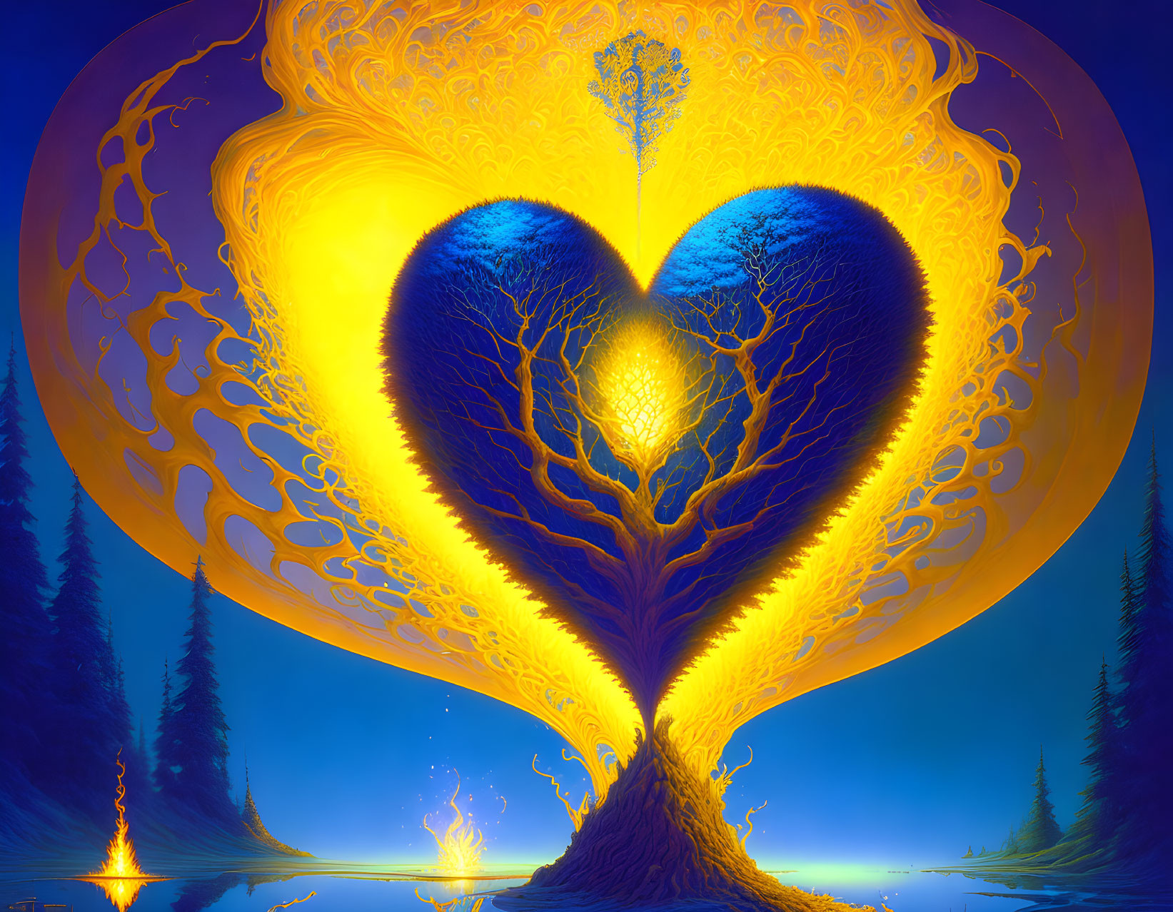 Surreal artwork: Vibrant tree-heart on golden backdrop