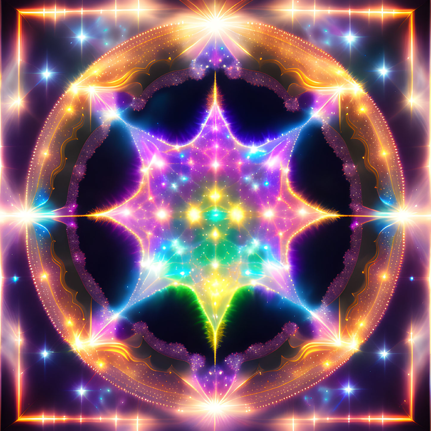 Colorful fractal mandala with star patterns on dark background