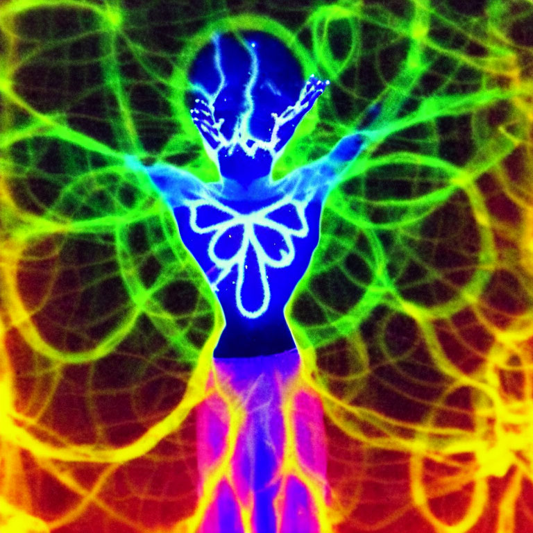 Colorful thermal-style image of person with raised arms against fractal backdrop