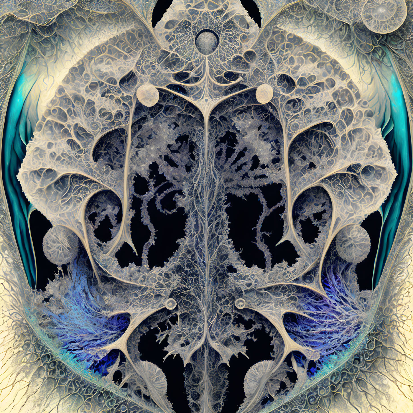 Symmetrical fractal image with intricate branching patterns and circular shapes in cool blue and tan hues.