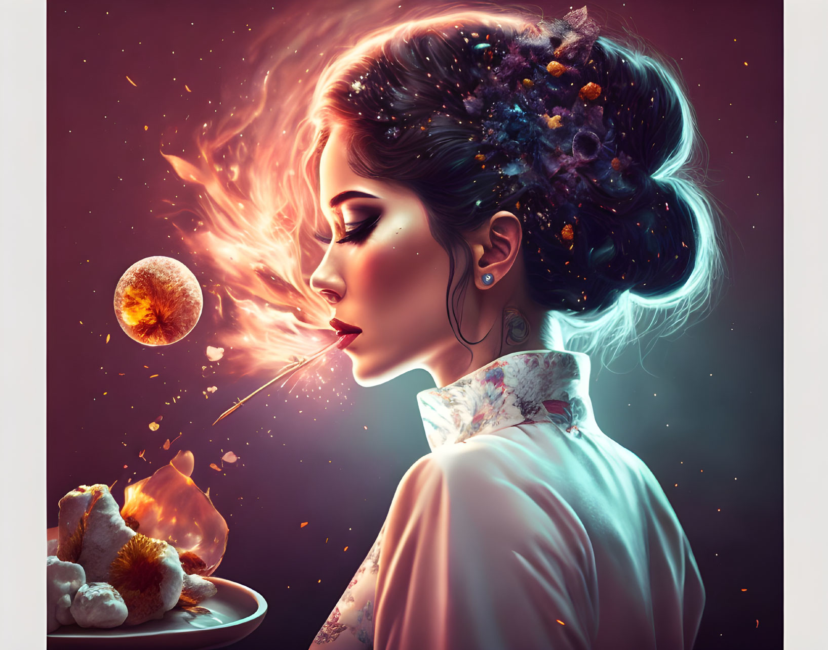 Digital artwork: Woman blowing fiery dandelion with cosmic hair.