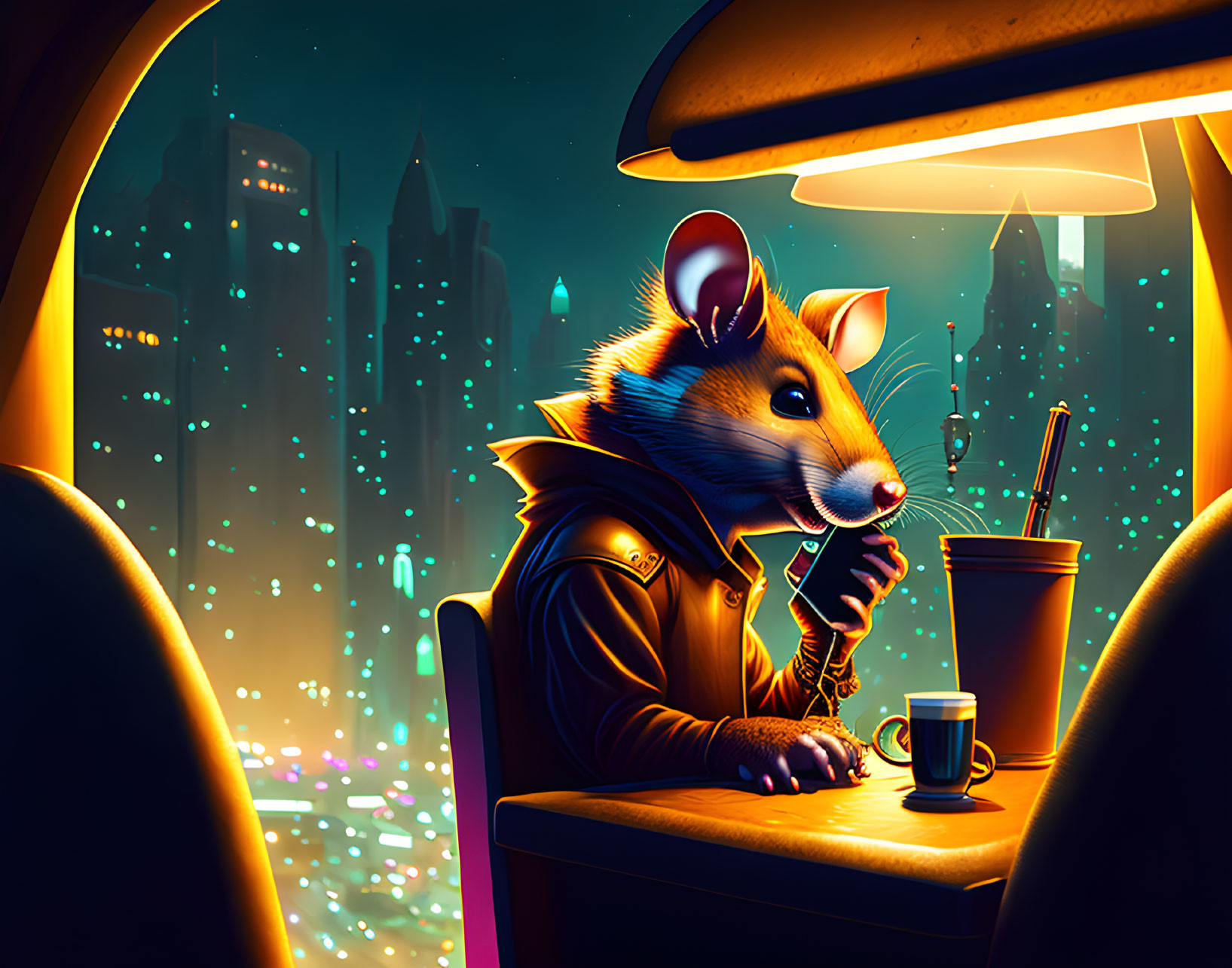 Anthropomorphic mouse in leather jacket at neon-lit bar.