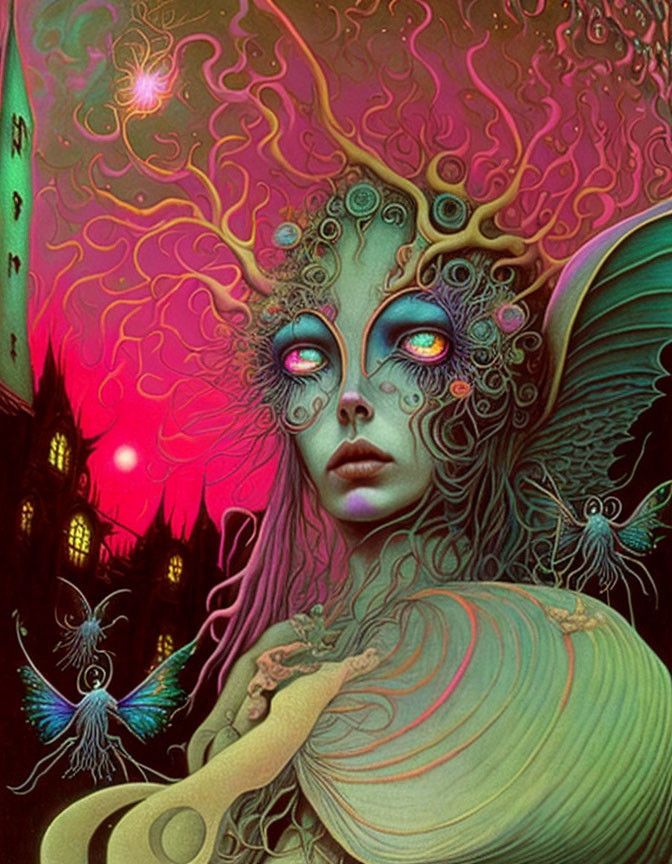 Fantastical female creature with green skin and butterfly wings in neon fairy tale setting