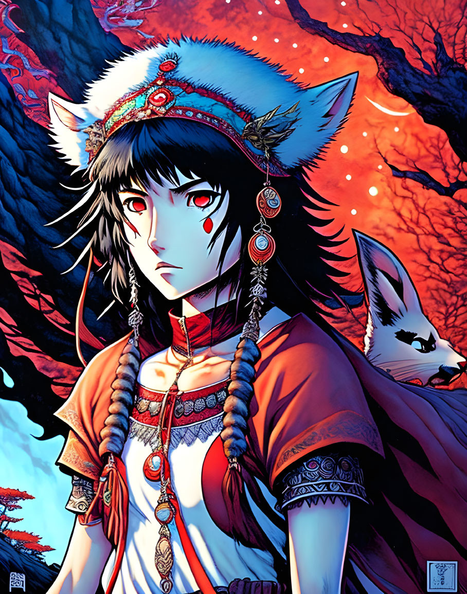 Illustrated character with wolf-like ears in tribal attire with white wolf in mystical forest