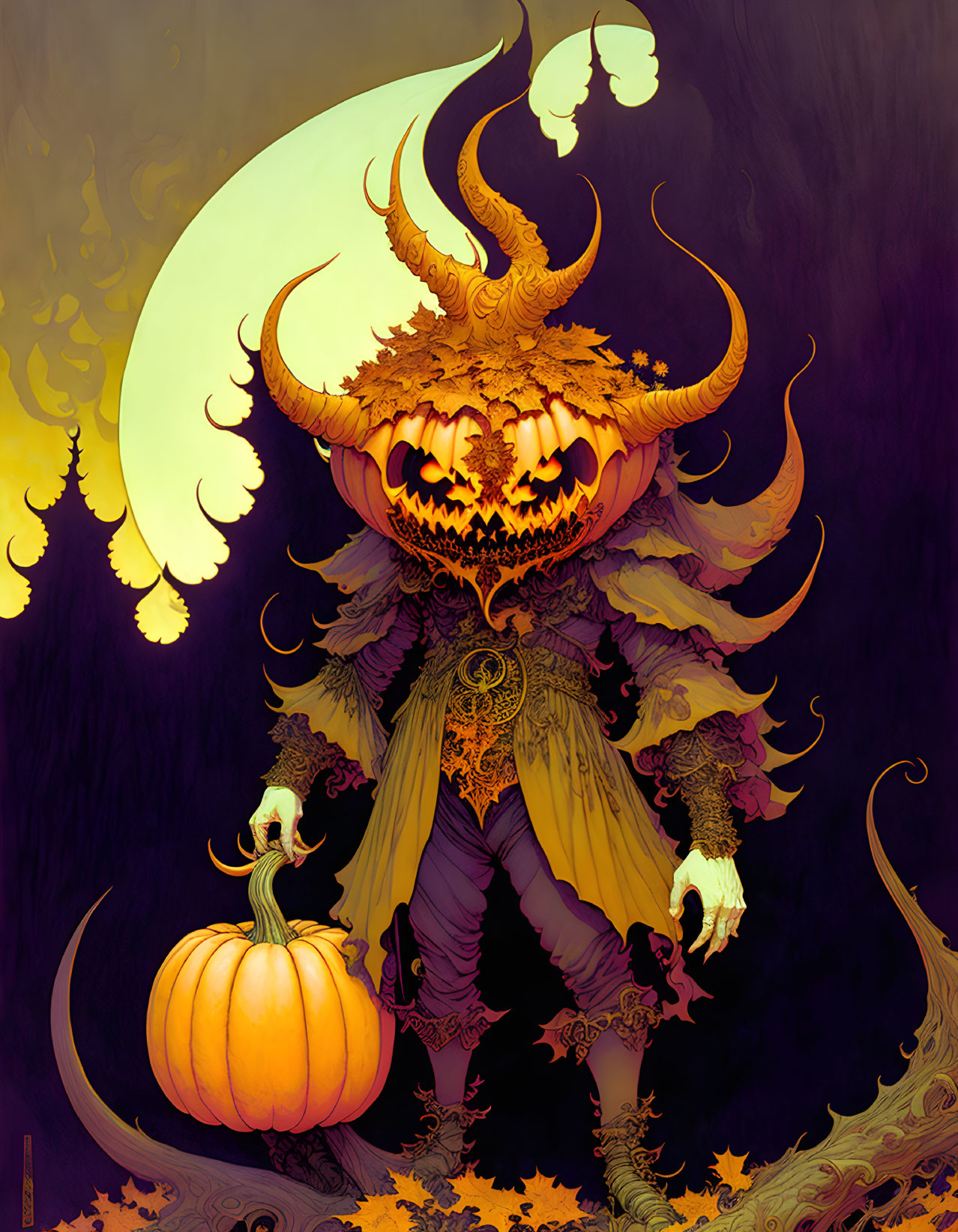 Fantasy pumpkin-headed creature with ornate horns and regal clothes holding a pumpkin under a full moon