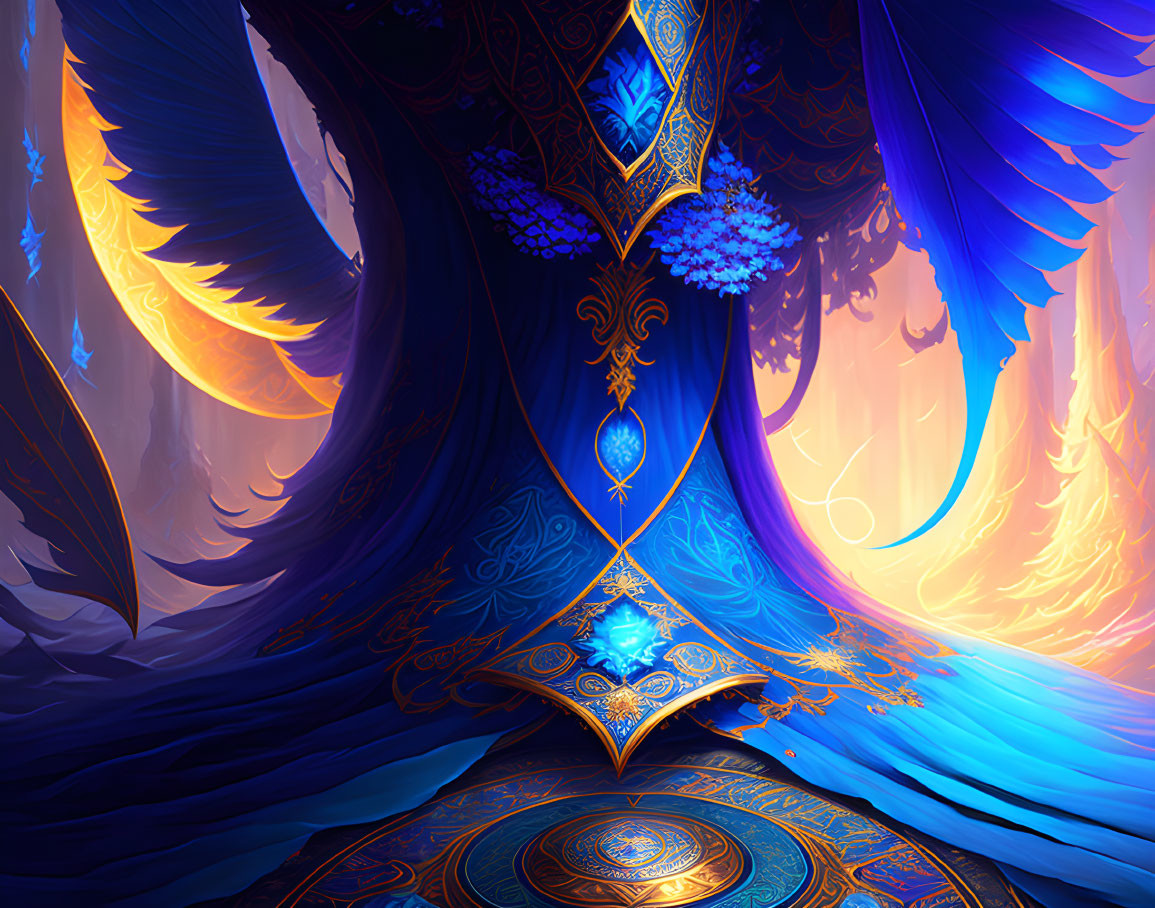 Majestic glowing blue phoenix with golden designs in mystical forest