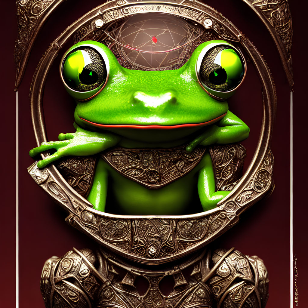 Colorful Cartoon Frog in Ornate Armor on Maroon Background