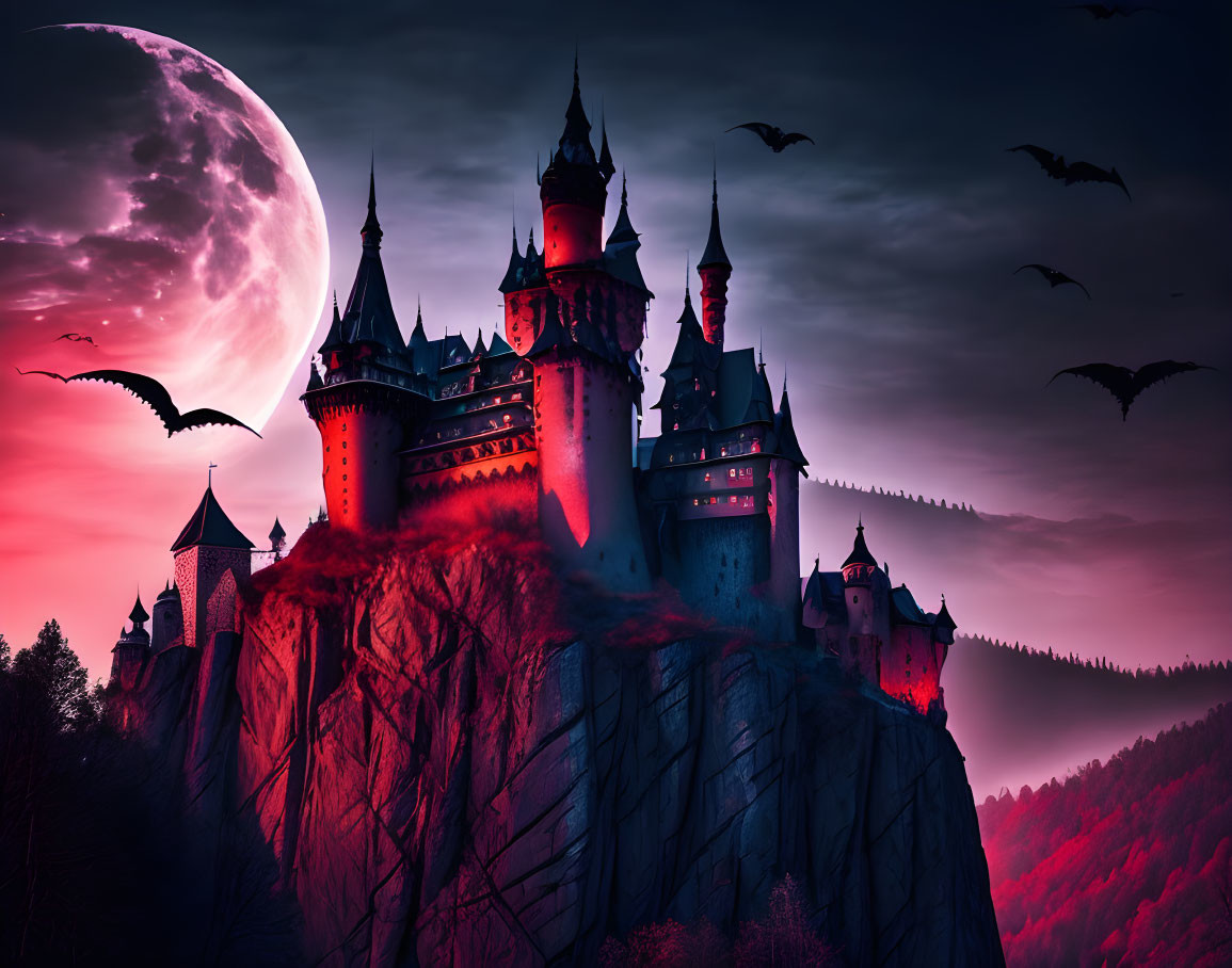 Gothic castle on cliff under full moon with bats and red light