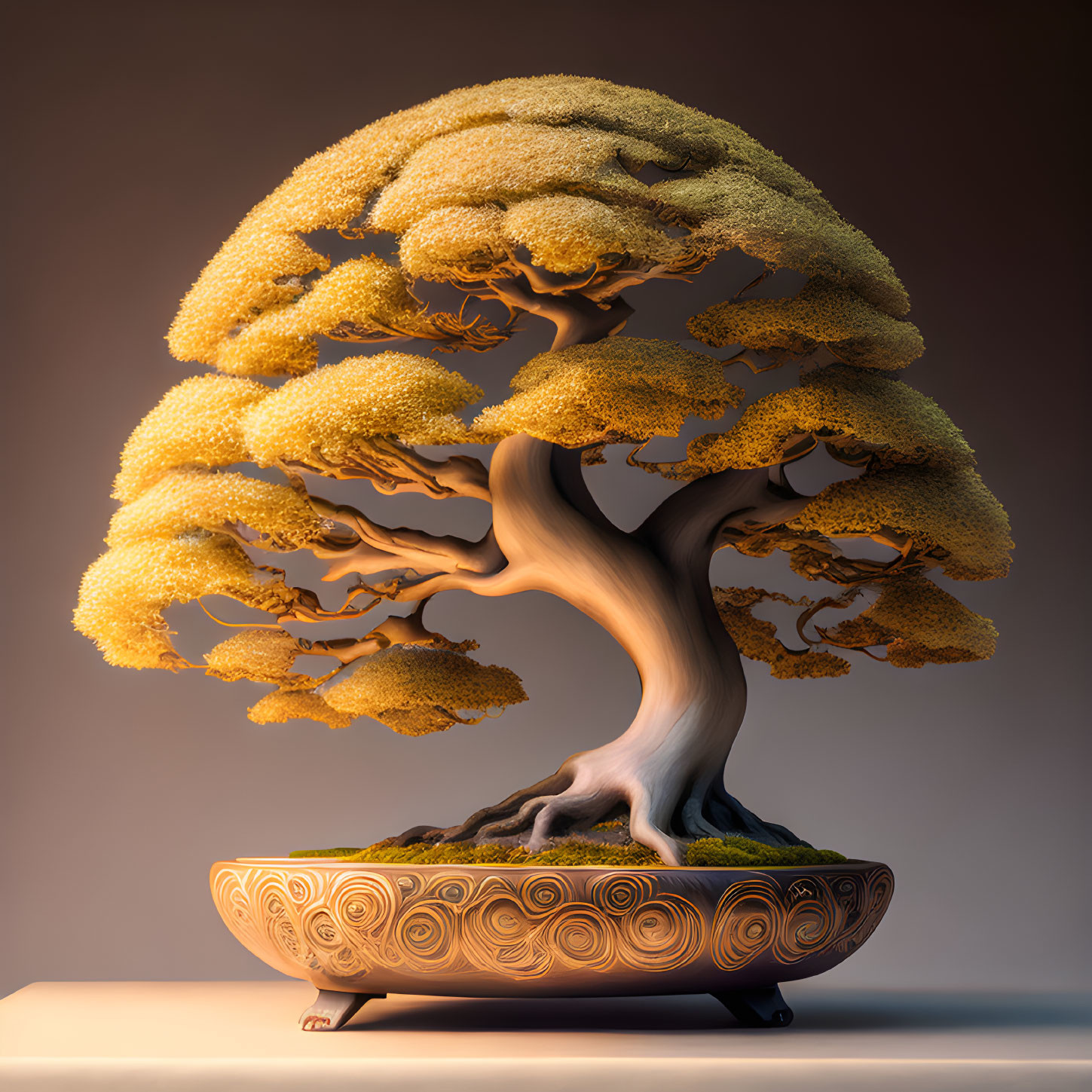 Stylized 3D Render of Thick-Trunk Bonsai Tree in Decorative Pot