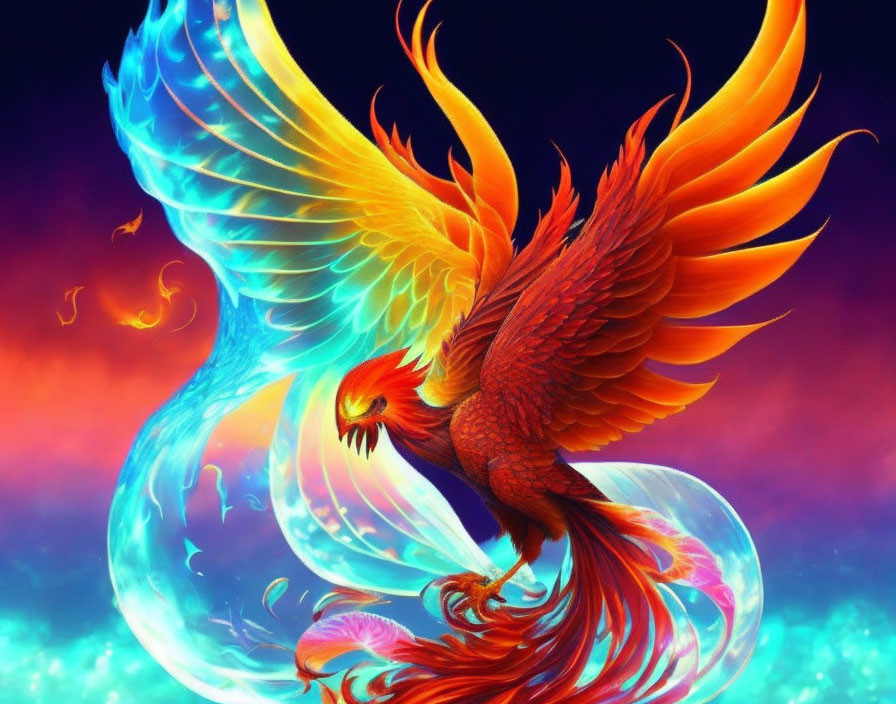 Mythical phoenix with flaming wings on cosmic backdrop