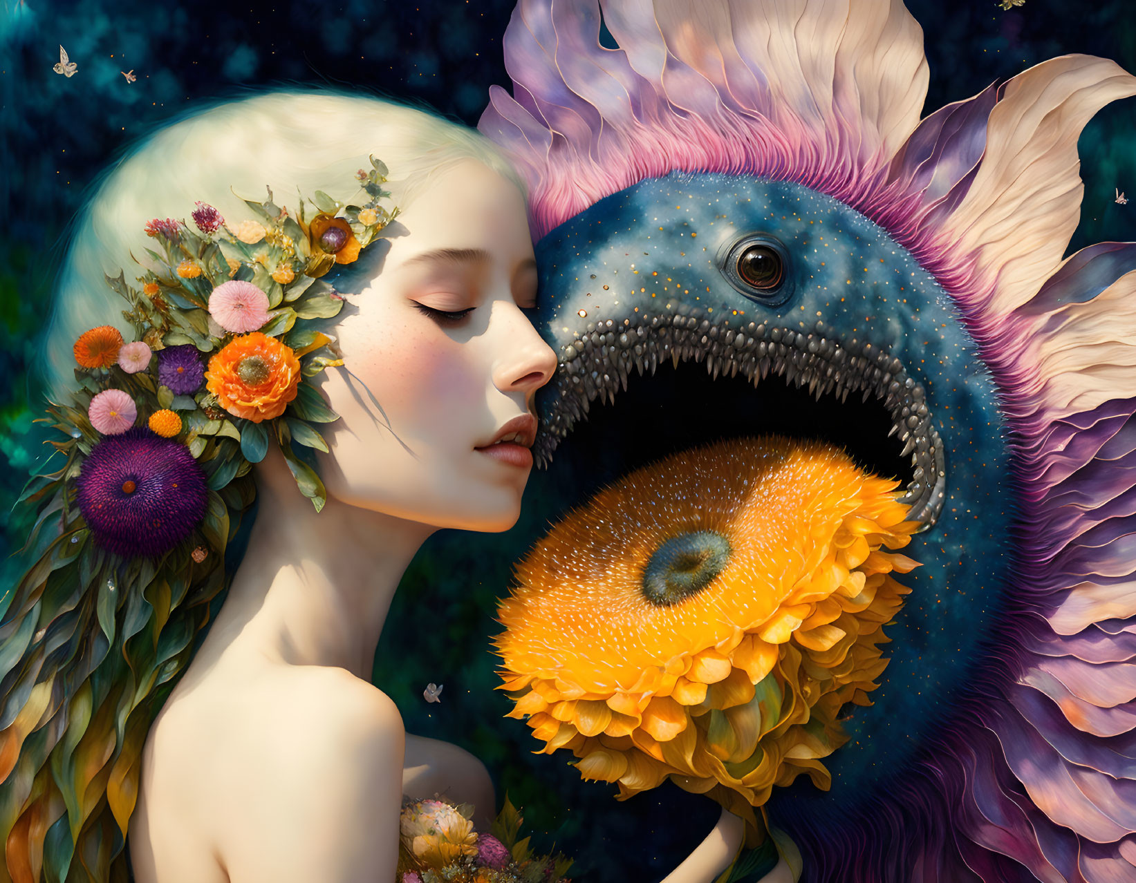 Woman with floral headpiece interacting with vibrant fish in surreal setting