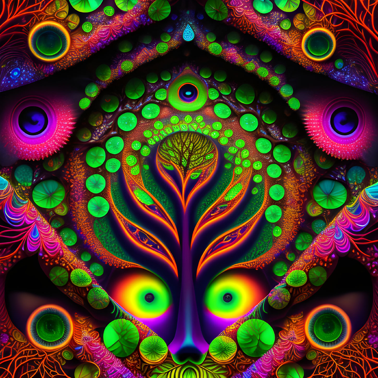 Colorful Fractal Art with Symmetrical Patterns of Eyes and Trees