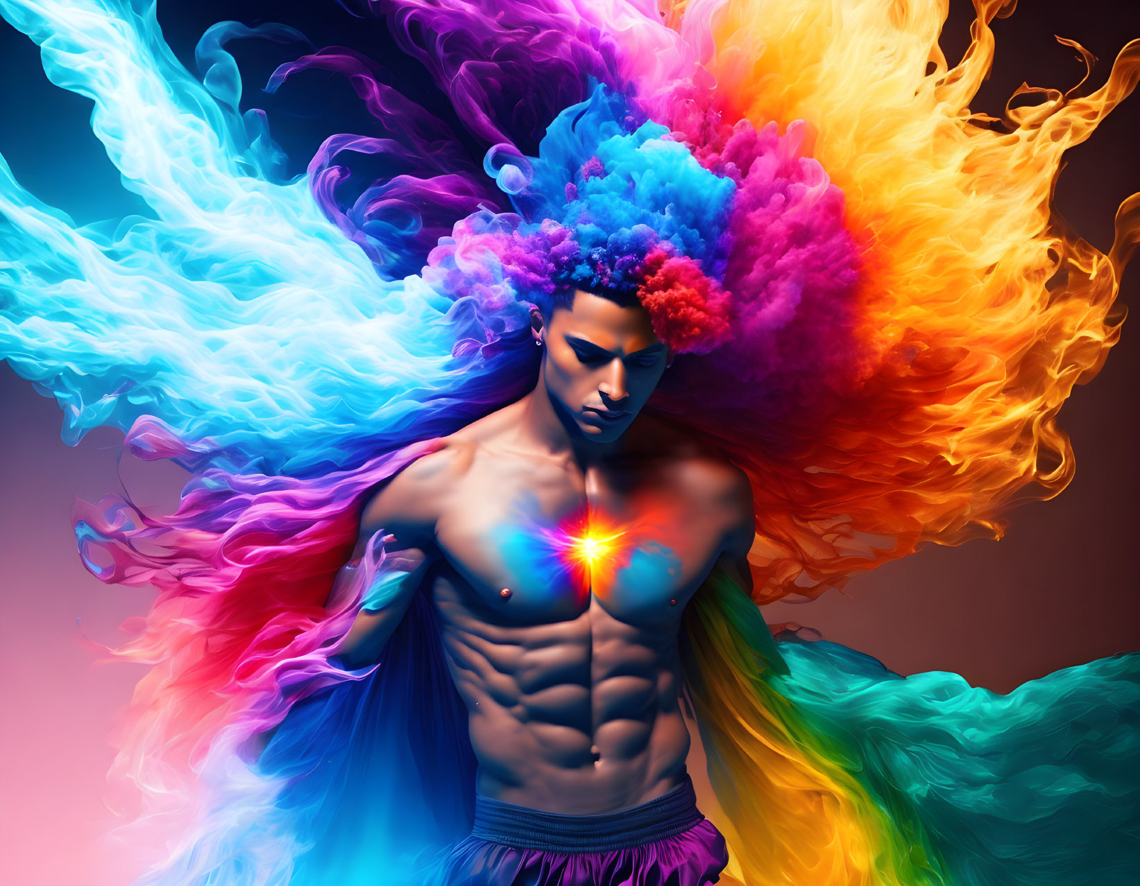 Colorful Smoke Explosion Heart Light Shirtless Person Art Print