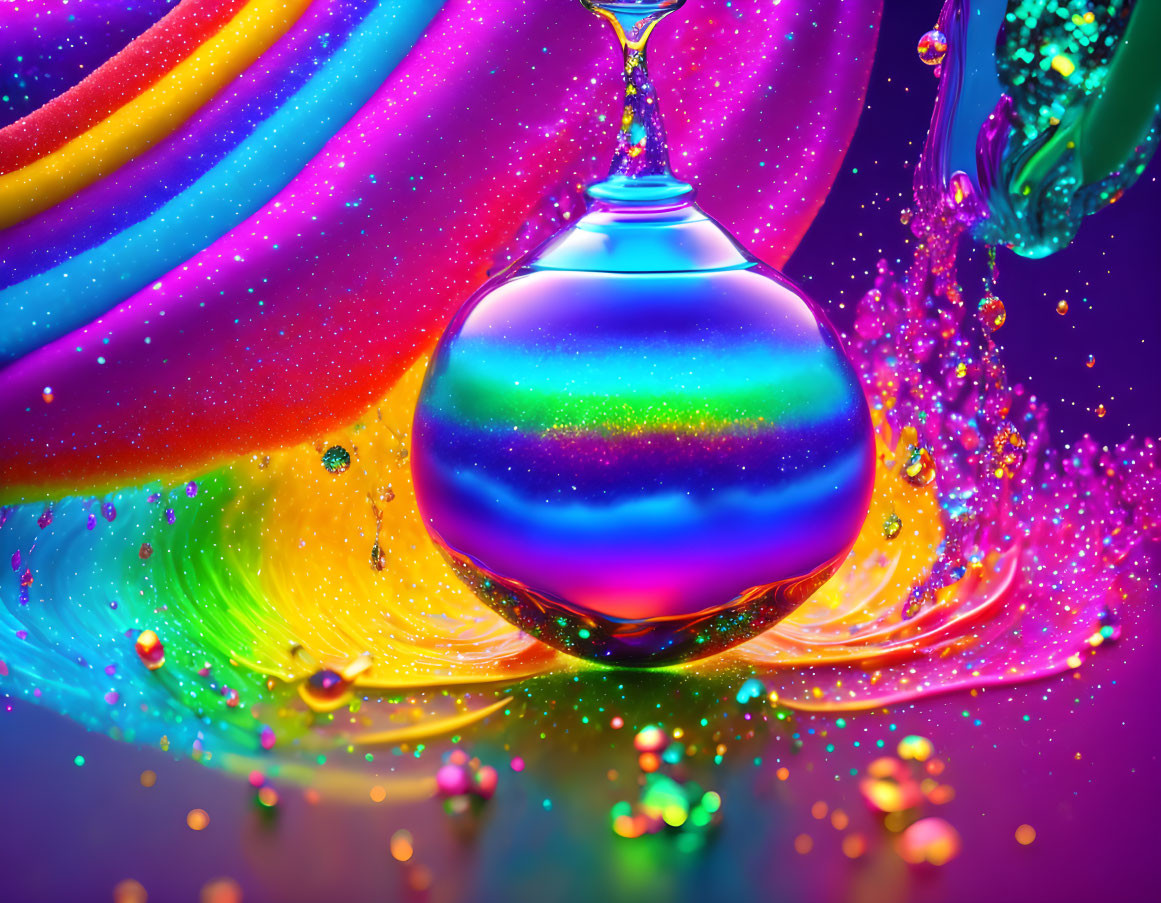 Iridescent water droplet on vibrant multicolored backdrop