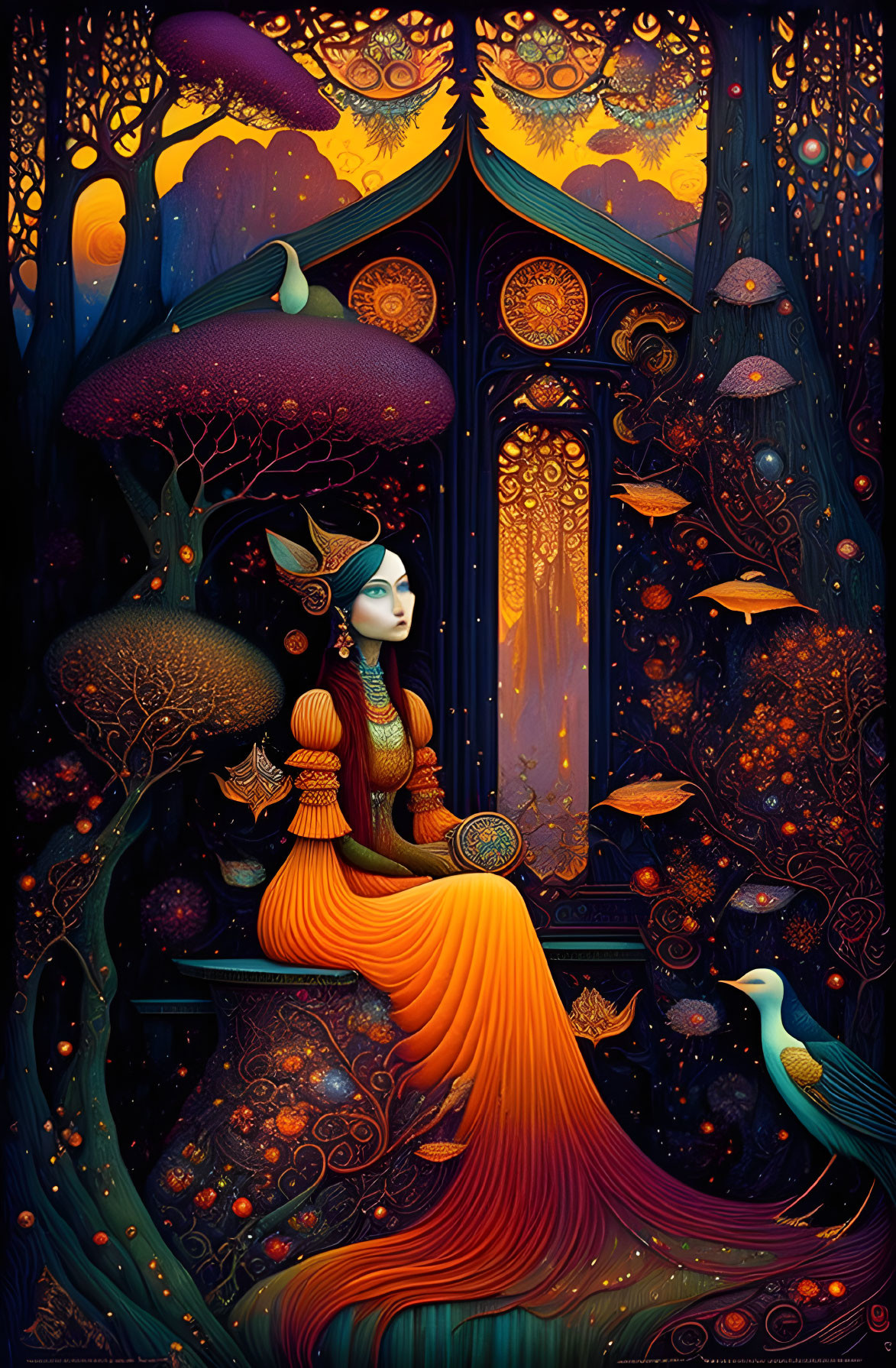 Ethereal woman in orange dress with gothic window in magical forest