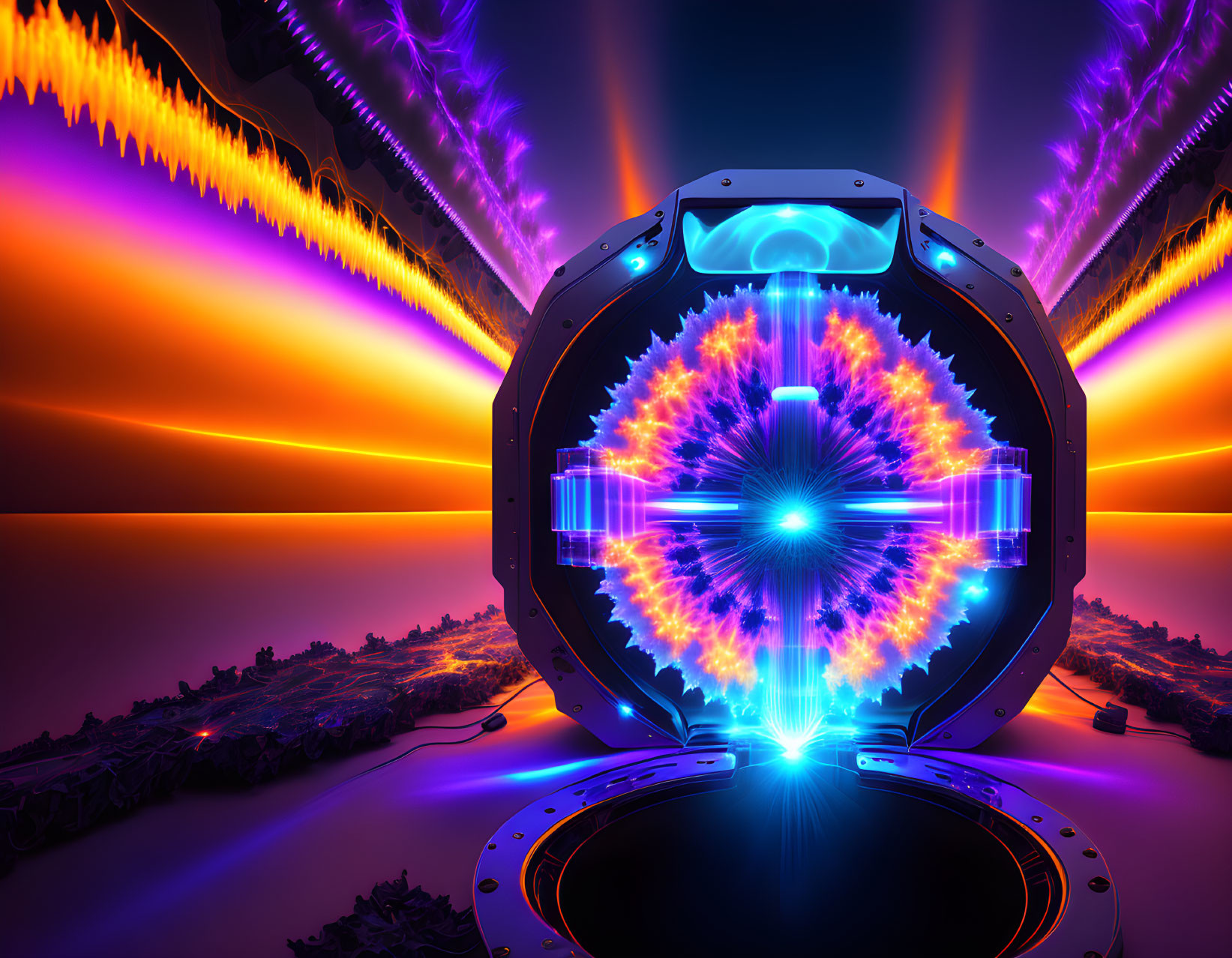 Futuristic digital artwork with glowing portal and neon landscape