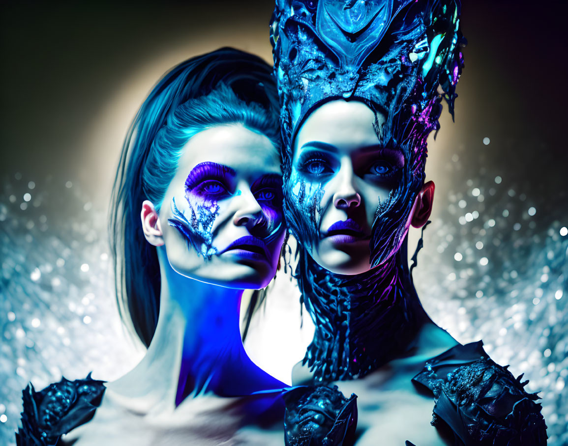 Two women with fantasy makeup and elaborate headpieces in mystical, avant-garde style