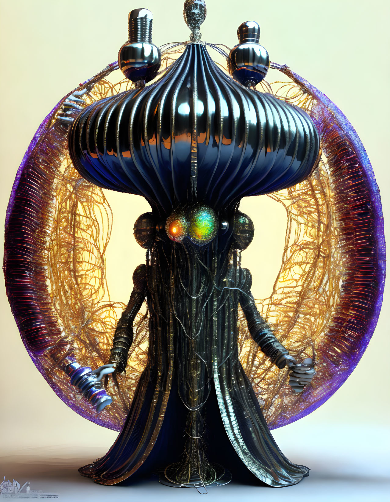 Detailed 3D illustration of futuristic alien entity with bulbous headpiece in luminescent portal.