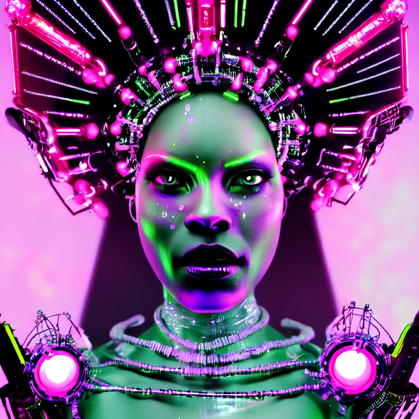 Green-skinned female figure with cybernetic headgear on pink background