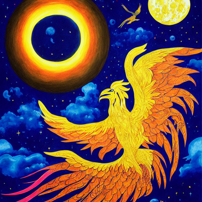 Colorful Phoenix Flying Amid Eclipse and Comet in Starry Sky