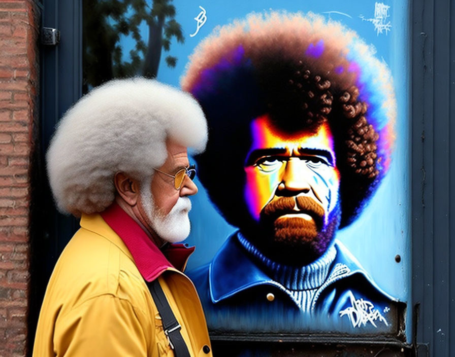 Profile of person with large white afro against colorful mural