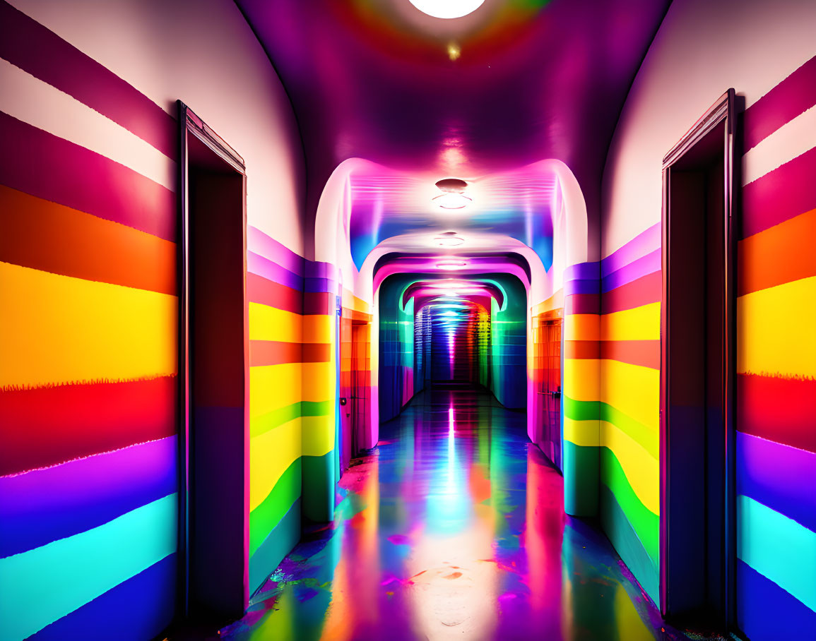 Colorful Rainbow Hallway with Reflective Floor and Curved Illuminated End