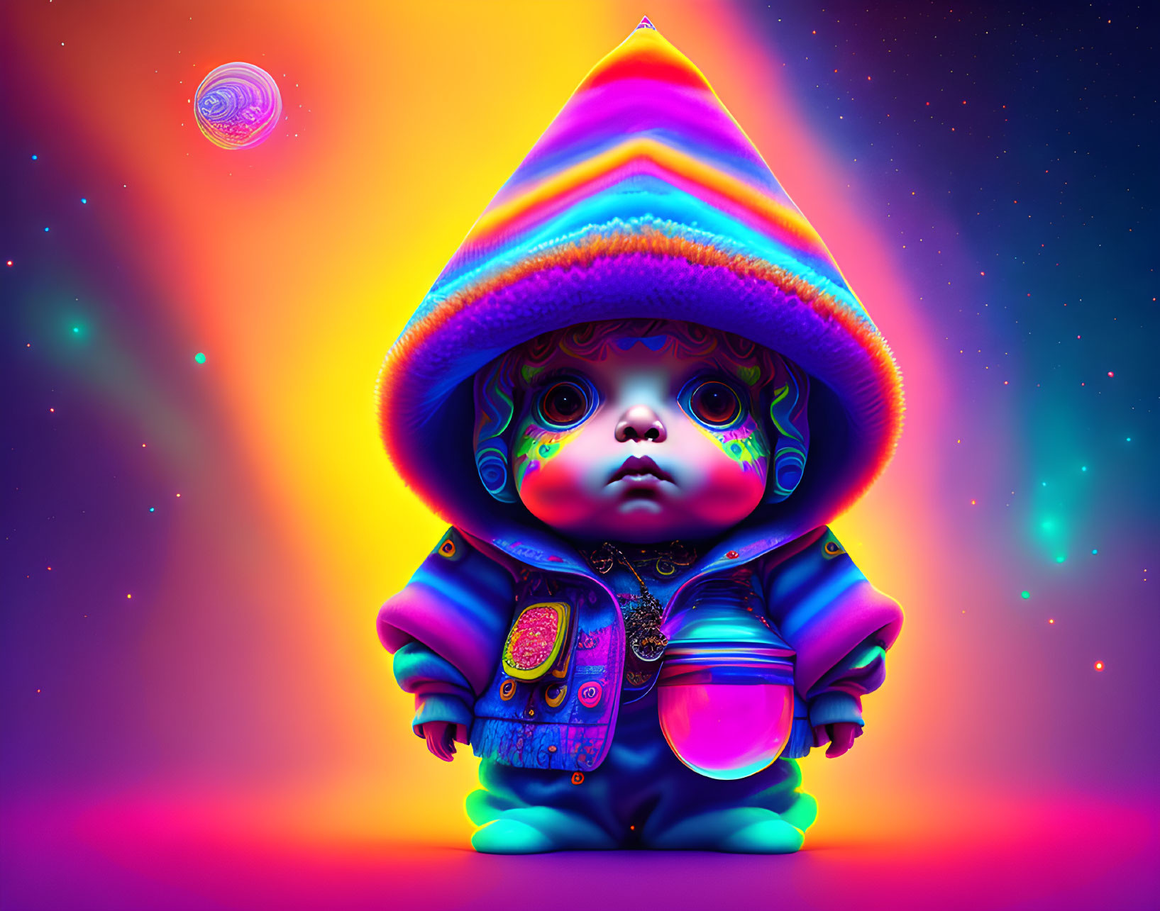 Colorful Psychedelic Toddler Artwork Against Cosmic Background