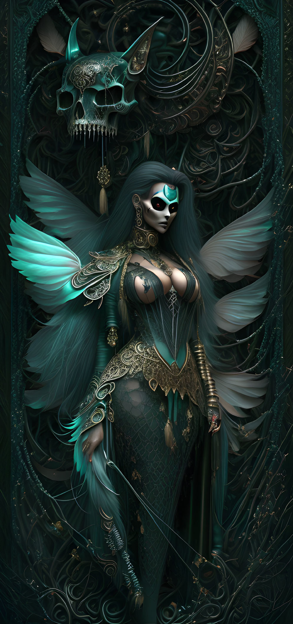 Dark fantasy artwork of female figure with turquoise wings and ornate dark armor