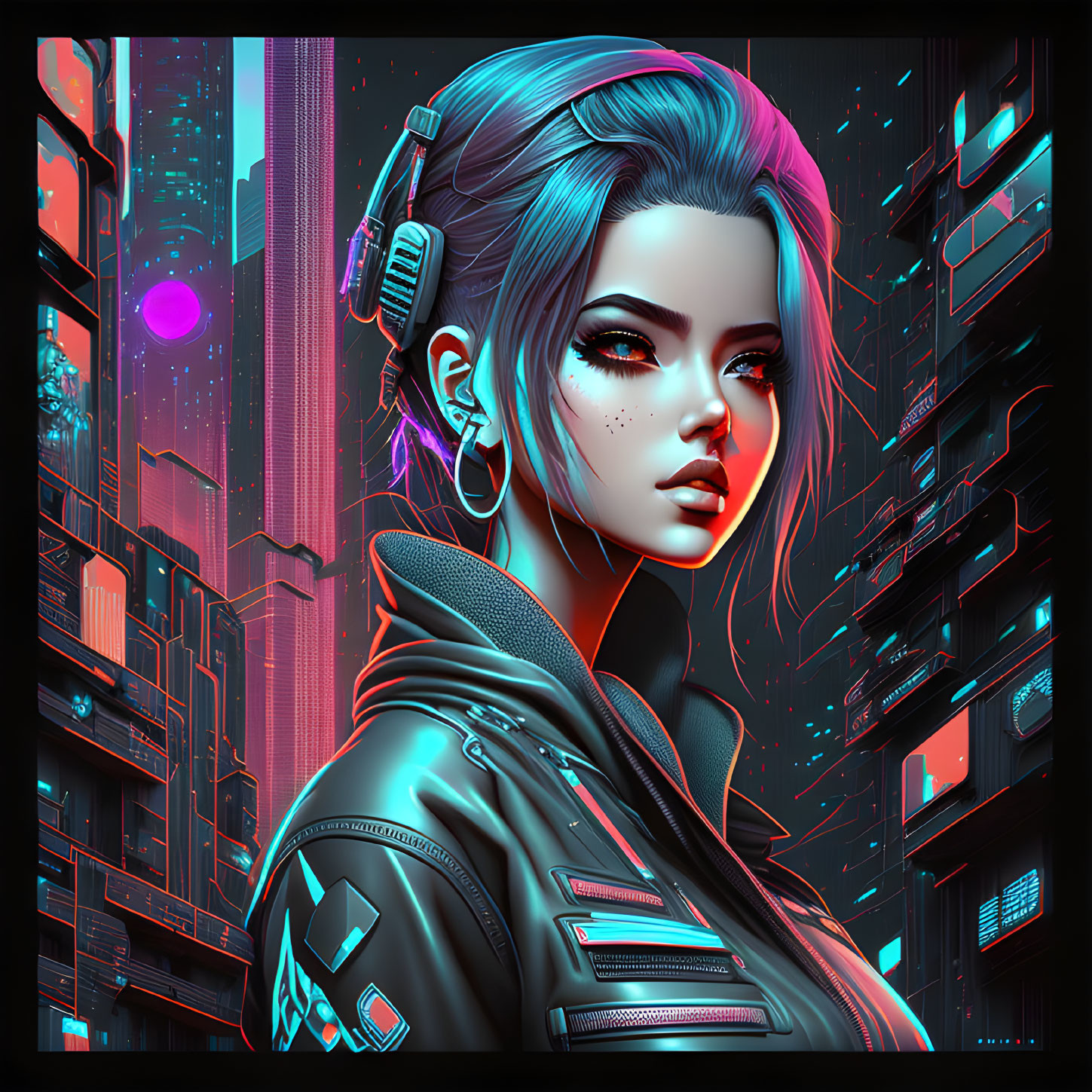 Digital artwork featuring woman with blue eyes in cyberpunk cityscape