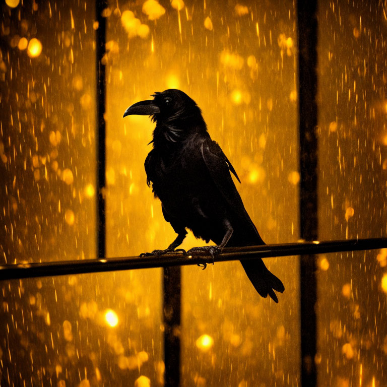 Raven perched on wire in golden light with falling snowflakes