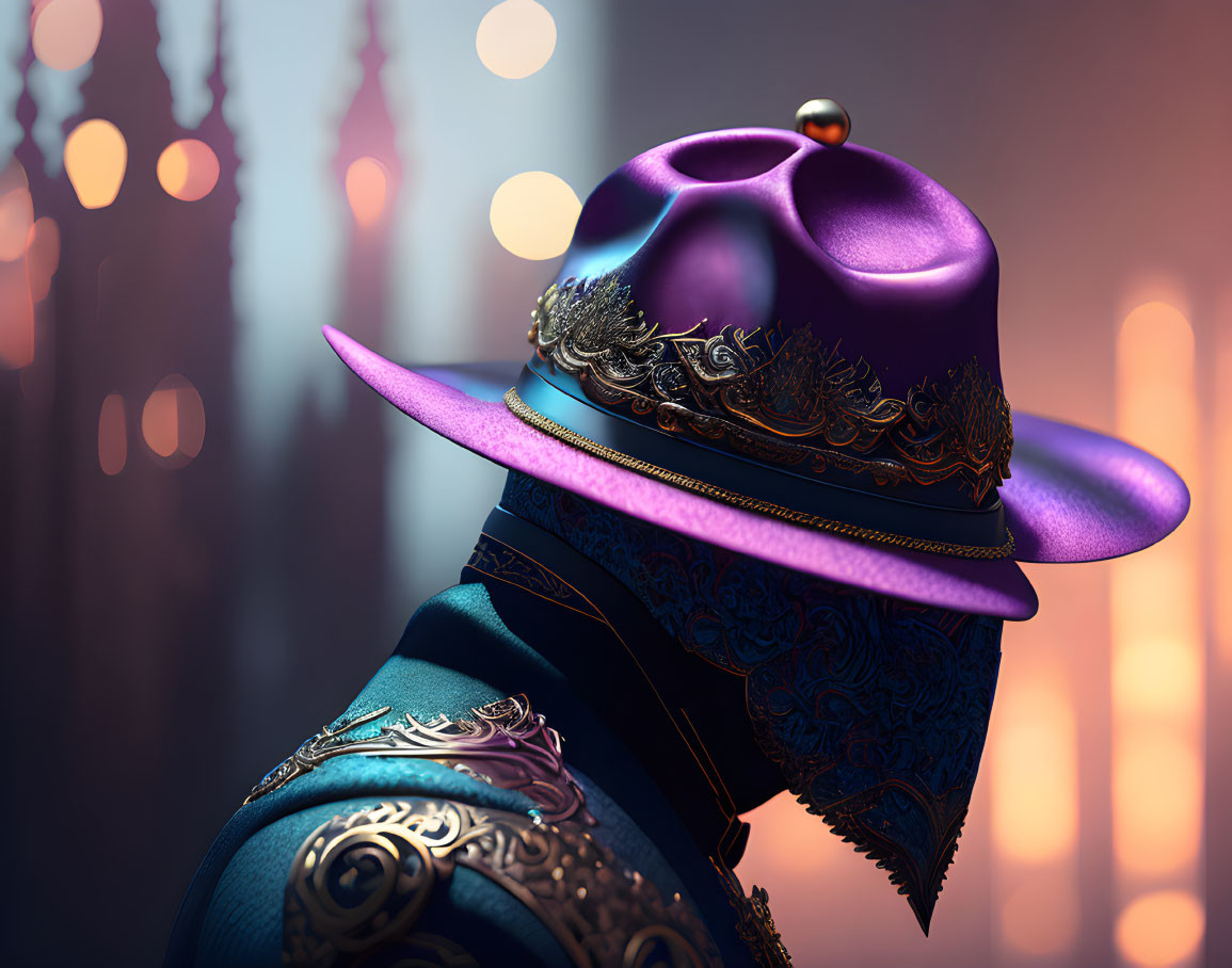 Purple Hat Humanoid in Brocade Clothing Against Cityscape