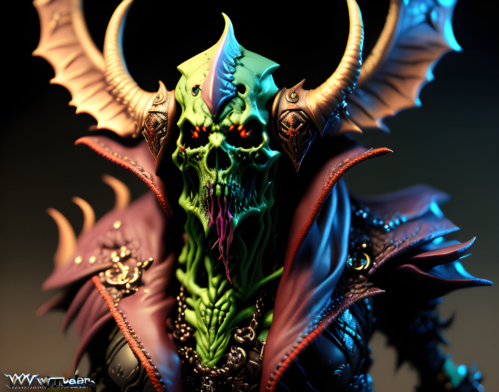 Detailed 3D artwork of fantastical creature with horns, armor, tentacles, glowing eyes