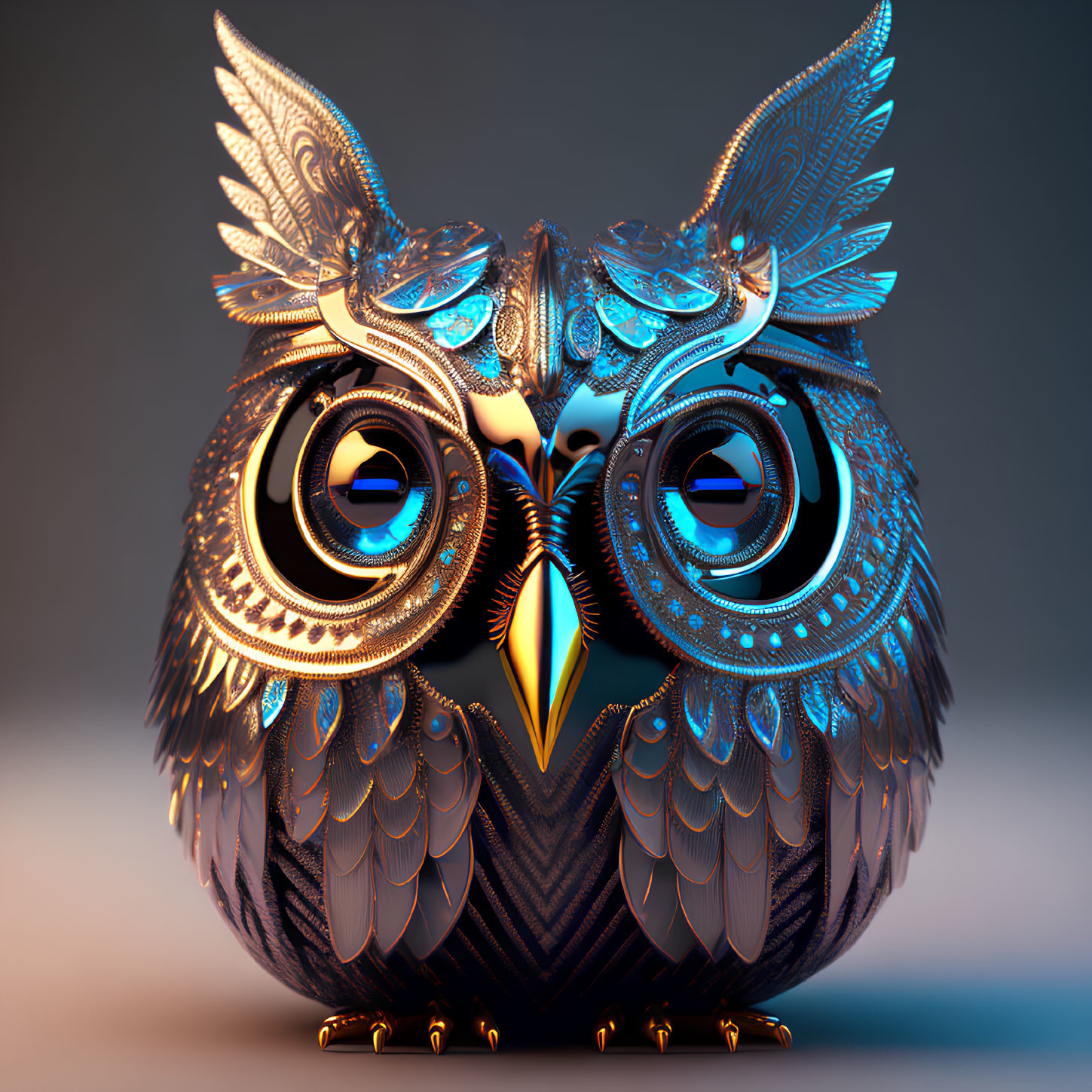 Stylized owl digital art with golden and blue patterns on gradient background