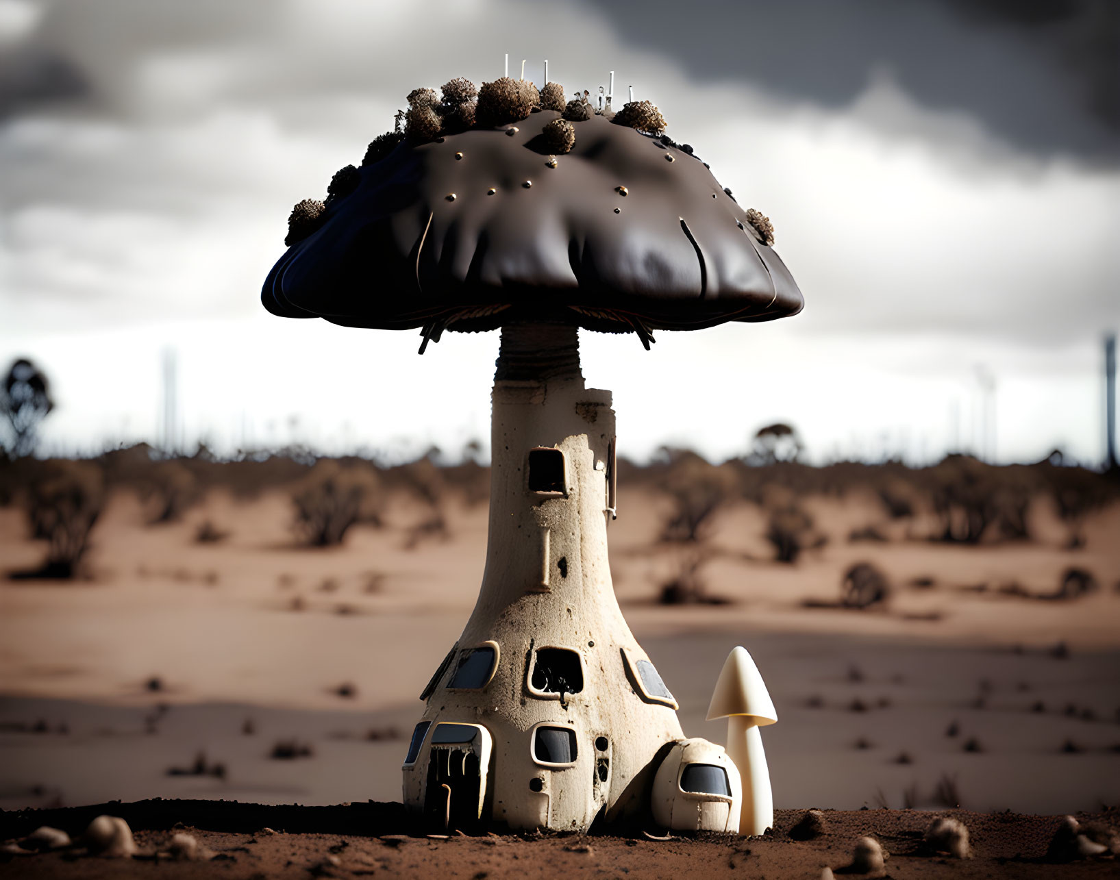 Mushroom-shaped building in barren landscape with smaller structure - fantasy and futuristic scene