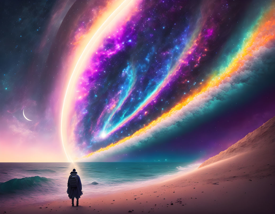 Twilight beach scene with giant planet and colorful nebulae